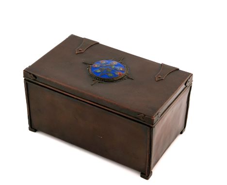 John Paul Cooper (attributed), an Arts and Crafts copper and enamelled box, cuboid form with plain panel sides, ropetwist str