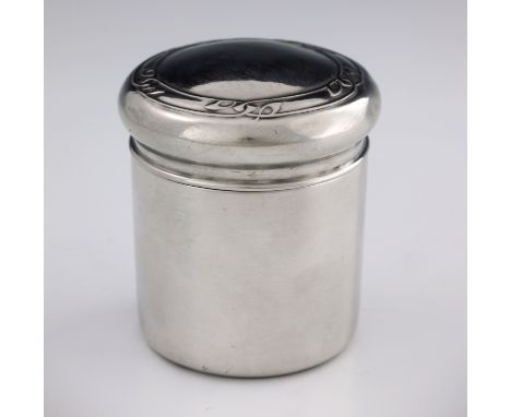 Archibald Knox for Liberty and Co., an Arts and Crafts Tudric pewter tea caddy, cylindrical form with cushion domed lid, moul
