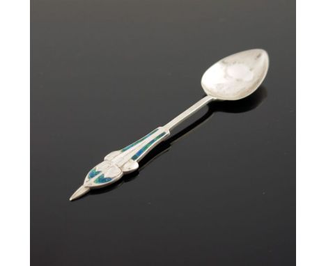 Archibald Knox for Liberty and Co., a Cymric Arts and Crafts silver and enamelled Sarepta teaspoon, Birmingham 1904, cast in 