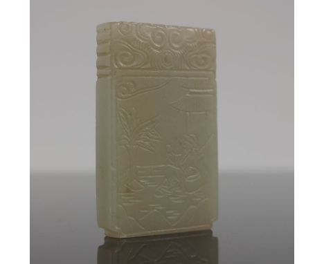 A Chinese pale jade bi, the front carved with a bearded man seated beside a pagoda, the reverse with script, 5.5 by 3.5cm