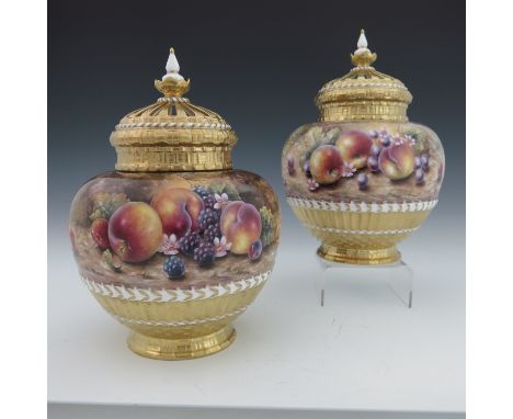 Lisa Sykes for Royal Worcester, a pair of fruit painted potpourri jars and covers, circa 2000,  ovoid shouldered form, each d