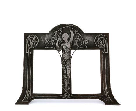 WMF, a Jugendstil silver plated double photo frame, modelled in relief with a draped maiden holding a bough of flowers, betwe