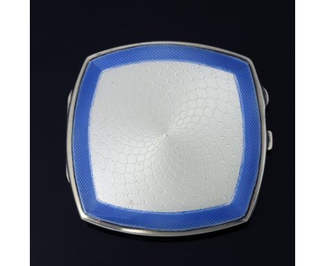 A George VI silver and enamelled compact, Joseph Gloster Ltd., Birmingham 1937, cushioned square section, radiating diaper gu