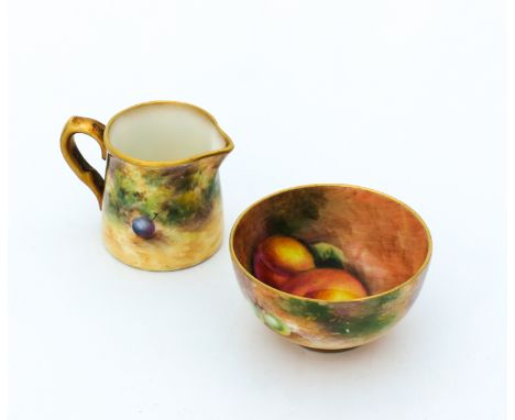 John Freeman for Royal Worcester, a miniature fruit painted jug, circa 1950 decorated with apples and grapes on moss covered 
