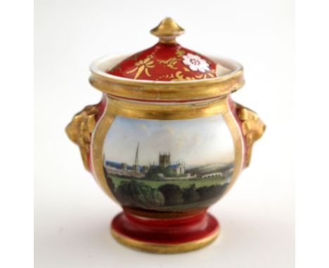 A Chamberlains, Worcester miniature scene painted pot and cover, circa 1820, footed ovoid form with lions mask and ring handl