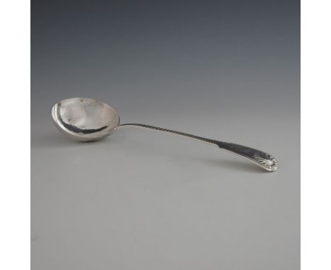 A Victorian silver soup ladle, George Adams, London circa 1850 (rubbed), Fiddle Thread and Shell pattern, 31cm long, 7.25ozt