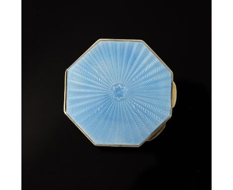 A George VI silver and enamelled compact, William Neale and Son, Birmingham 1939, octagonal section, radiating blue guilloche