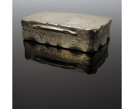 A Victorian silver snuff box, Owen and Boon, Birmingham 1855, ogee bordered rectangular form, chased with foliate scroll deco