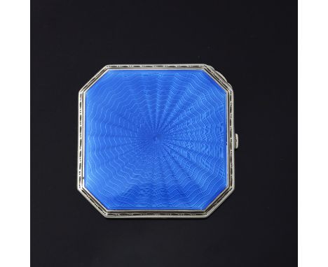A George V silver and enamelled compact, Crisford and Norris, Birmingham 1934, canted square section, blue guilloche enamel r