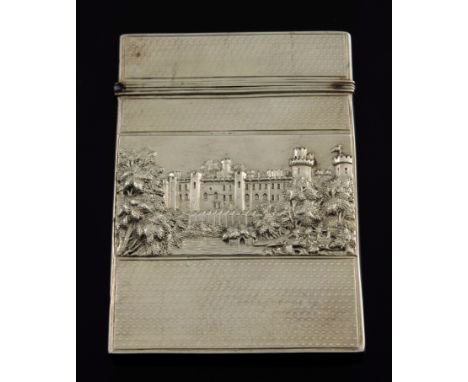 A Victorian silver castle embossed card case, Nathaniel Mills, Birmingham 1851, rectangular with engine turned decoration bet