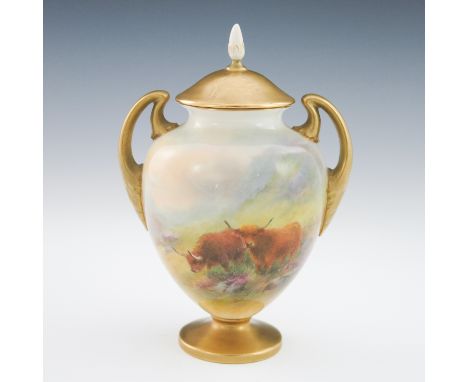 Harry Stinton for Royal Worcester, a Highland Cattle painted twin handled vase and cover, 1936, footed ovoid form with foliat