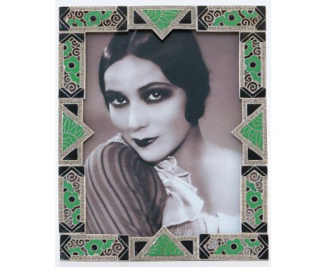 A French Art Deco enamelled and rhinestone set silver plated photo frame, rectangular form, geometric panels of reticulated s