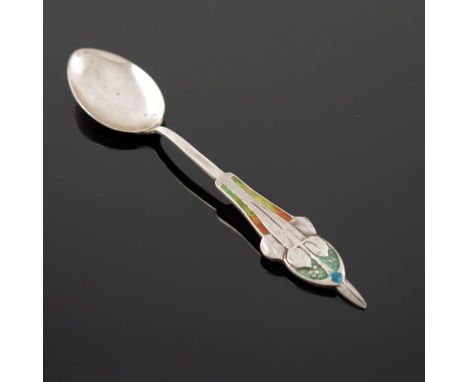 Archibald Knox for Liberty and Co., a Cymric Arts and Crafts silver and enamelled Sarepta teaspoon, Birmingham 1902, cast in 