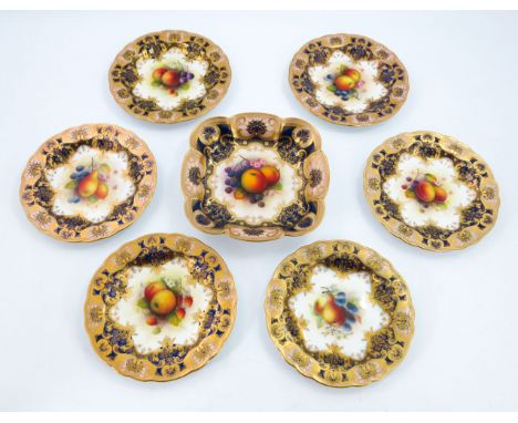 Albert Shuck for Royal Worcester, six fruit painted dessert plates, circa 1925-1932, circular form with shaped edge, painted 