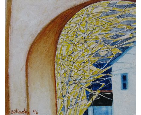 Noel Betowski (British, 1952), Forsythia &amp; Arch, signed and dated 1996 l.l., titled verso, oil on board, 17 by 19cm, fram