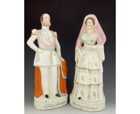 A pair of Staffordshire portrait figures, the 'Duke of Edinburgh' and 'Duchess of Edinburgh', circa 1870, modelled standing o