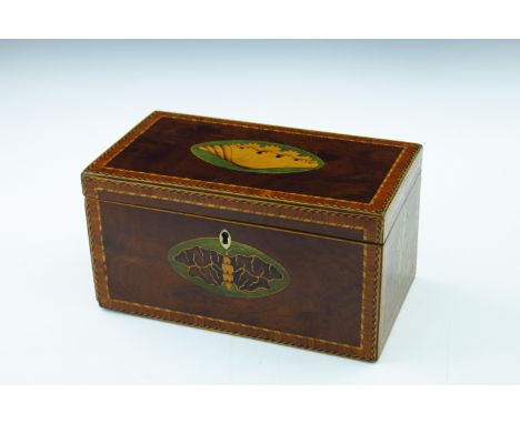 A George III mahogany tea caddy, circa 1800, crossbanded and barbers pole strung, marquetry inlay of a shell, inset and urns 