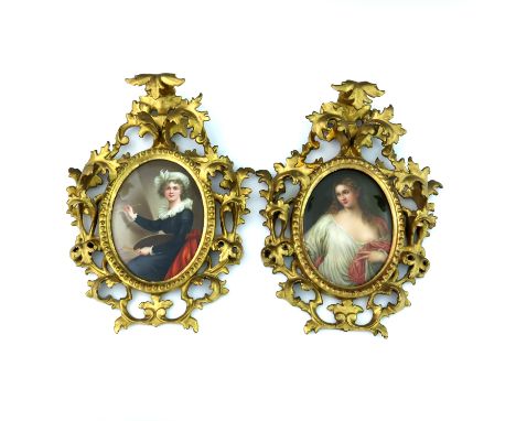 A pair of late 19th Century hard paste oval porcelain plaques, painted with a self portrait of Elisabeth Louise Vigee Le Brun