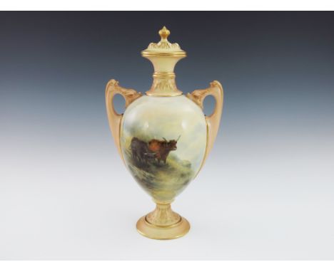 John Stinton for Royal Worcester, a Highland Cattle painted twin handled pedestal vase, 1906, urn form with relief moulded fo