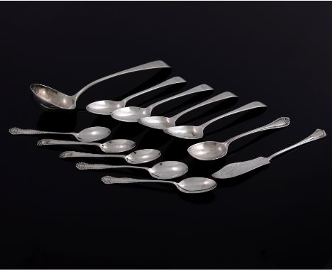 Victorian and later silver flatware, various dates and makers, including scoop spoon, various preserve spoons, olive spoon et