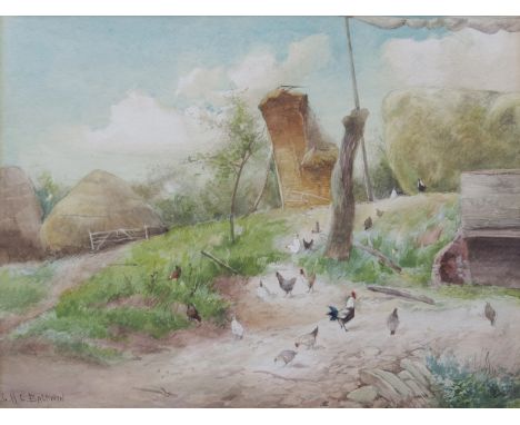 Charles Henry C. Baldwyn, Royal Worcester artist (British, 1859-1943), Chickens in a Farmyard, signed l.l., watercolour, 22 b