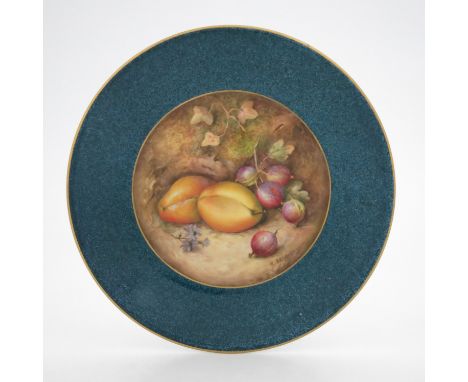 R Sebright for Royal Worcester, a fruit painted dessert plate, 1930, decorated with plums and gooseberries within a powder bl