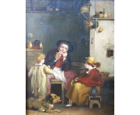 After Sir David Wilkie R.A. The Jew's Harp, oil on panel, old label verso reads Wilkie, 42 by 33cm, framed