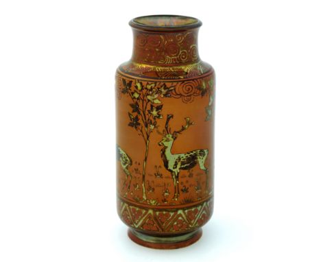 Richard Joyce for Pilkington, a Royal Lancastrian lustre vase, circa 1925, rouleau form, painted with deer and stags between 