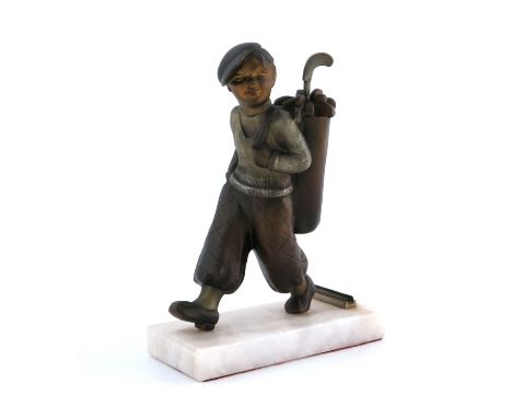 Josef Lorenzl, an Art Deco patinated at metal figural table lighter, Golfer, circa 1925, modelled as a boy with golf bag, the