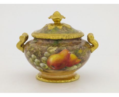 P Love for Royal Worcester, a fruit painted twin handled sucrier and cover, circa 1949, baluster form,  decorated in the roun