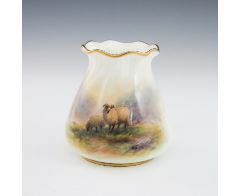 H Davis for Royal Worcester,  a sheep painted vase, circa 1954,  tapered wrythen form, decorated with ram and ewe in a Highla