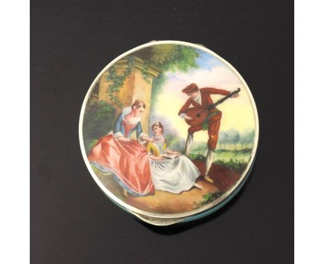 A Continental silver and enamelled box, circular, blue guilloche enamel body, the lid with a painted minstrel and eighteenth 