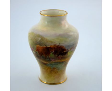Harry Stinton for Royal Worcester, a painted vase, inverse baluster form circa 1930, decorated with Highland Cattle in mounta