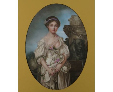 A late 19th Century oval convex plaque, painted with The Broken Pitcher after Jean-Baptiste Greuze, signed G. Freemont and da