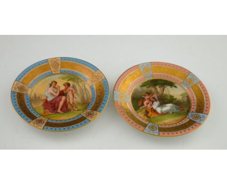 A pair of late 19th Century Vienna cabinet plates, painted classical scenes, one titled Cupido a Agaia, both signed Bouer, gi