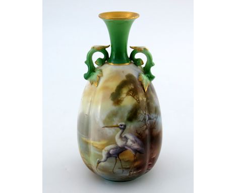 William Powell for Royal Worcester, a Hadley Ware painted gourd form twin handled bottle vase, circa 1906, decorated in the r