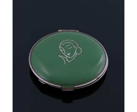 L T Piver, a French Art Deco enamelled compact, circular form, incised with a stylised face, green enamel, 7.5cm diameter