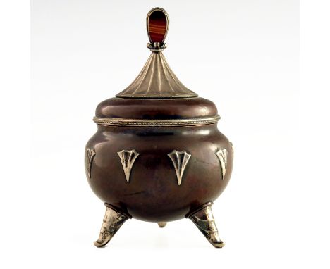 Edward Spencer for the Artificers Guild (attributed), an Arts and Crafts silver and copper caddy, circa 1910, ovoid cauldron 