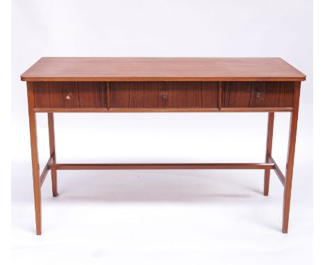 A Mid 20th century Modernist teak console side table, circa 1950s, three mullioned drawers with brass rod handles, on square 