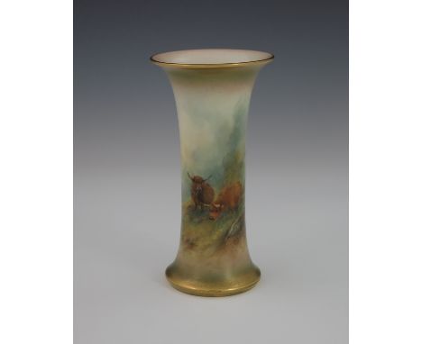Harry Stinton for Royal Worcester,  a vase circa 1919, trumpet form, decorated with Highland cattle in a mist covered mountai