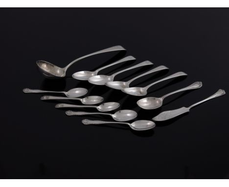 George III and later silver flatware, various makers and dates, including sauce ladle, teaspoons, coffee spoons and butter kn