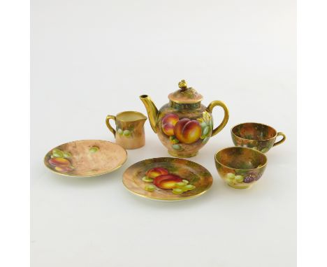 Roberts et al for Royal Worcester, a fruit painted miniature teaset, circa 1950, decorated with peaches grapes and apples, co