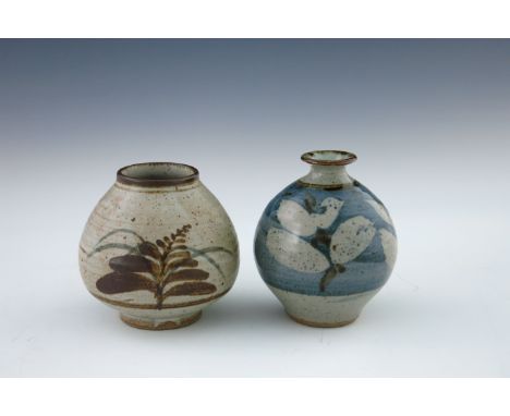 David Leach, a Lowerdown studio pottery vase, ovoid form, painted with fern design, impressed seal mark, together with anothe