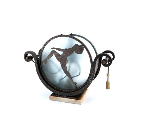 An Art Deco wrought iron and glass light, modelled with the silhouette of Josephine Baker dancing in front of a circular fros