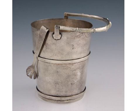 A Chinese silver ice bucket and tongs, Tuck Chang, Shanghai circa 1910, banded conical form, planished, with bamboo swing han