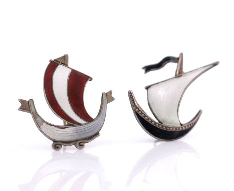 Aksel Holmsen and Ivar Holth, two Norwegian silver gilt and enamelled Viking ship brooches, modelled as stylised boats in ful