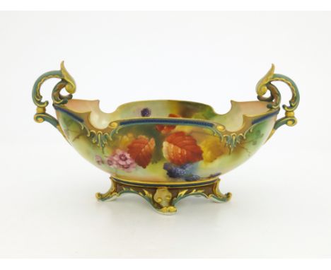 Kitty Blake for Royal Worcester, a bramble painted twin handled dish, 1908, oval section, ogee rimmed, on foliate bracket foo