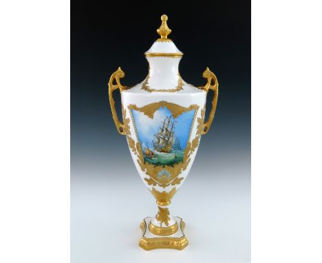 Stefan Nowacki for Lynton Porcelain, a painted twin handled pedestal vase and cover, decorated with Dutch sailing vessels and