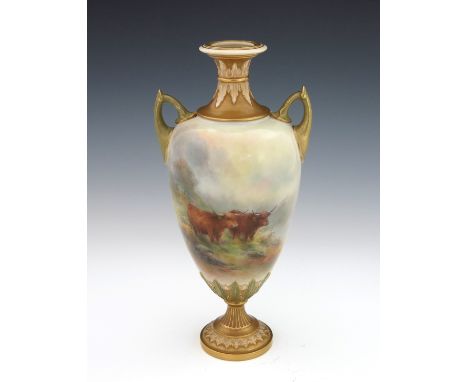 Harry Stinton for Royal Worcester, a twin handled pedestal vase, circa 1912, tapered ovoid form, decorated with highland catt