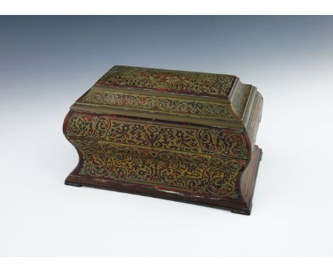 A 19th Century Halstaff &amp; Hannaford boulle work stationery box, of bombe form with caddy top, opening to a fitted interio